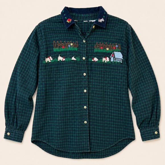 Tops - Vtg 90s Embroidery Scottie Dog Plaid Flannel Green Corduroy Cottagecore Farmcore
